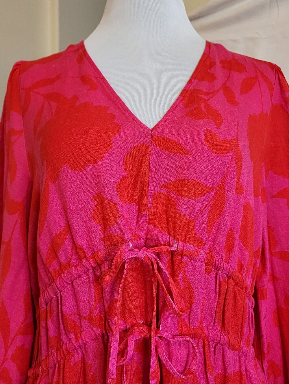 Kate Spade Pink/Red Floral Linen Gathered Dress, Front Ties, Pockets, 3/4 Sleeve - Picture 8 of 14